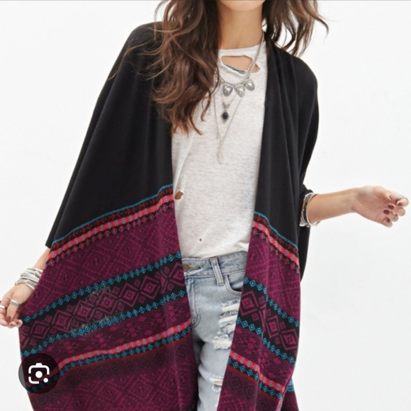 FOREVER 21 Multi-Colored Southwestern Aztec Open Front Tasseled‎ Women's Poncho - Picture 1 of 6